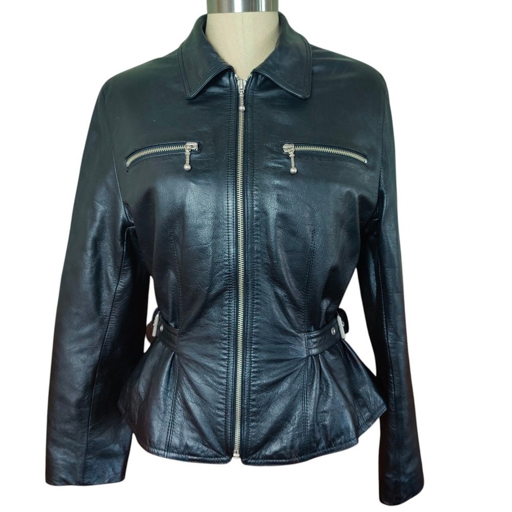 Black Leather Moto Jacket Biker Cafe Racer Cinched Waist Grommet Punk Utility